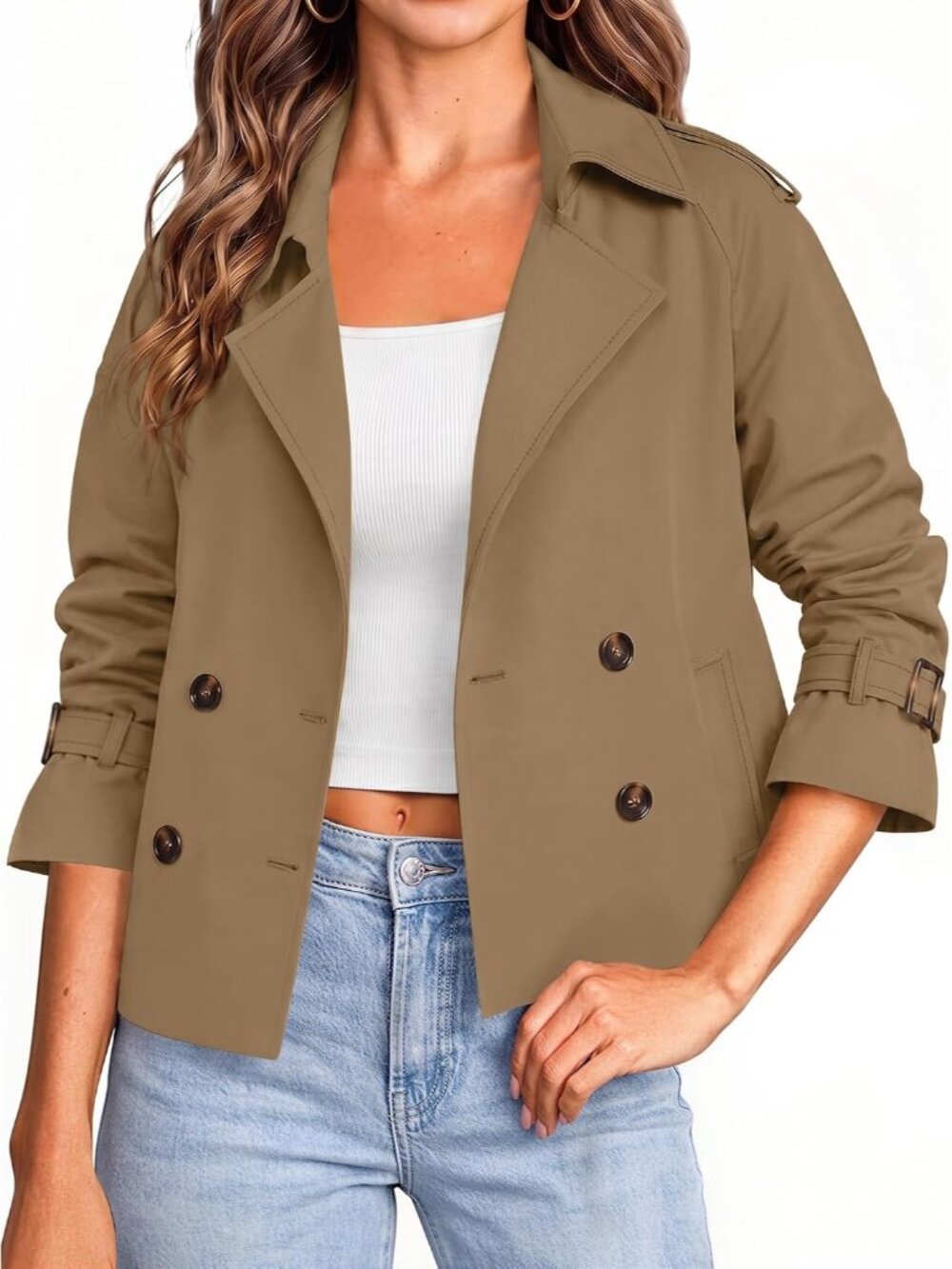 Women's Brown Cropped Double Breasted Raglan Sleeve Notched Lapel Trench Coat